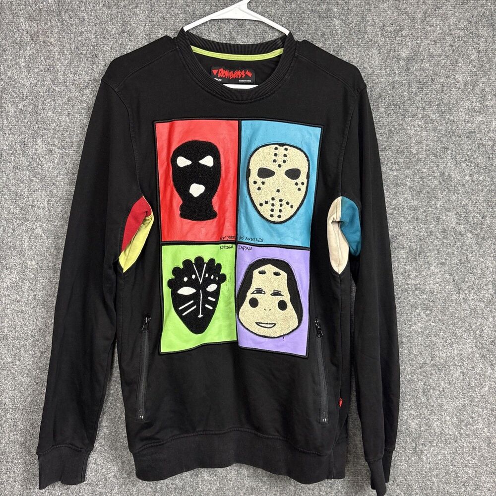 Ron Bass Sweatshirt Mens Size M Black Textured Pop Art Graphic Villain Masks